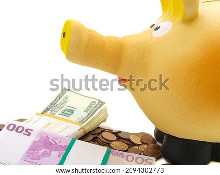 Ceramic piggy bank on a white background with cash. The concept of wealth.