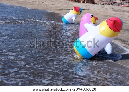 inflatable toys in the form of a penguin on the seashore, theme of items and backgrounds
