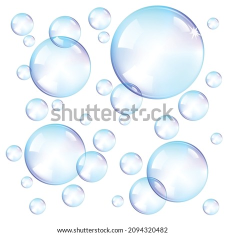 Blue soap bubbles on a white background, vector illustration of a transparent bubbles