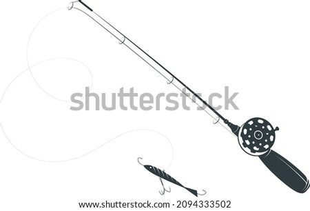 Fishing rod for ice fishing. Winter bait on fishing line silhouette