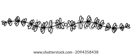 black vector line art element design with plant motif branch with leaves, divider and decoration for text, greeting cards, pages, business cards, printed and web products