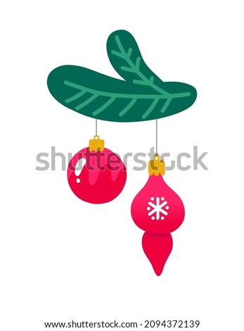 Christmas decorations on a fir branch. Vector illustration isolated on white.