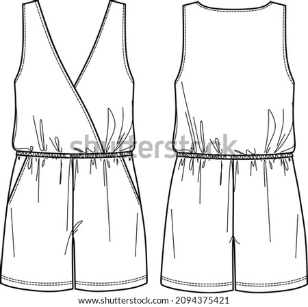 Vector woman wrap jumpsuit technical drawing, sleeveless jumpsuit with pockets and elasticized waistband fashion CAD, template, flat, sketch, mockup. Jersey or woven fabric jumpsuit, white color Royalty-Free Stock Photo #2094375421