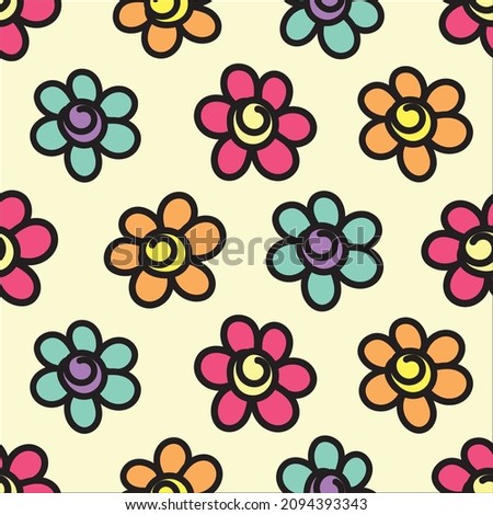 Colorful Flower Seamless Pattern Vector. Flat Design with Outline. Cute Simple Endless Background.  Decorative Illustration. Cartoon Hand drawing
