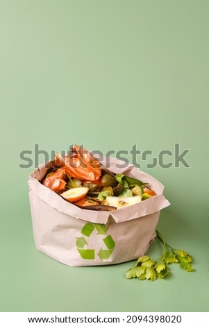 Sorted kitchen waste in paper eco bag on green background. Compost-container. Sustainable life style. Vegetable and fruit peels, scraps from food preparation collected in trash-pack for recycling Royalty-Free Stock Photo #2094398020
