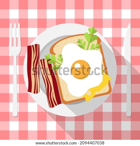 breakfast, plate with cutlery, amlet, bacon, bread, herbs, red checkered tablecloth, flat style, vector