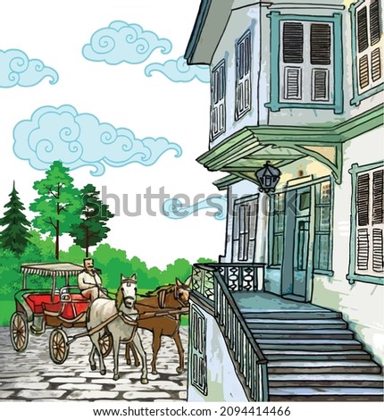 Old House in Forest Illustration with Horses in Front Vector Vintage