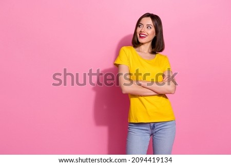 Photo of dreamy confident young woman wear yellow outfit looking empty space arms crossed smiling isolated pink color background Royalty-Free Stock Photo #2094419134