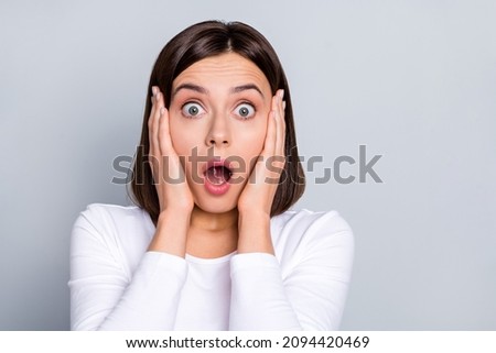 Photo of scared bob hairdo millennial lady arms face wear white shirt isolated on grey color background