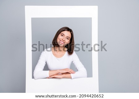 Photo of sweet brunette millennial lady do blog wear white shirt isolated on grey color background
