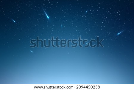 Shooting stars. Night sky with falling meteorites. Blue starry space. Cosmos backdrop with glowing trail. Cosmic banner or poster template. Vector illustration.