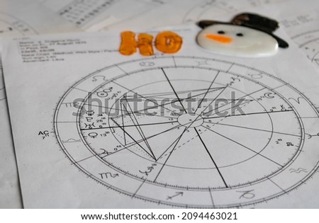  Printed astrology natal chart with a snowman's head sticker and the Santa Claus exclamation ho in the background