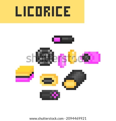 Set of pixel art licorice candy icons isolated on white background. Assorted chewy sweets pack. Collection of 8 bit confectionery symbols. Salmiak treats. Retro 2d video game, slot machine graphics.