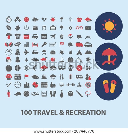 100 travel, vacation icons, signs, objects set, vector