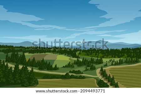 Countryside landscape with coniferous forest and farmland in aerial view Royalty-Free Stock Photo #2094493771
