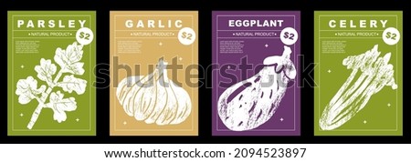 Parsley, garlic, eggplant, celery. Set of posters of vegetables in a abstract draw design. Label or poster, price tag. Simple, flat design. Patterns and backgrounds. Perfect for poster, cover, banner. Royalty-Free Stock Photo #2094523897