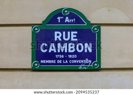 rue cambon 1st , Typical blue and green parisian street name signs panels,Paris France