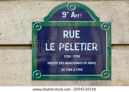 rue le peletier 9th , Paris street name plate
