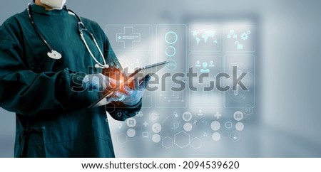 Medicine doctor touching on digital healthcare and network connection with modern virtual screen interface icons on the hospital background, Medical technology and network concept.