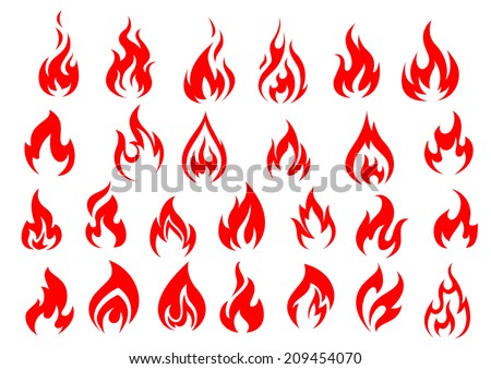 Red fire flat icons and pictograms set isolated on white background for danger concept or logo design