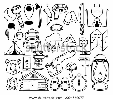 Hand drawn camping and hiking elements, isolated on white background. Cute background for summer camp flyer and posters.