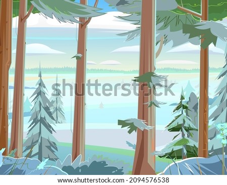 Pine Trees. Trunks of fir and Spruce. Snow frosty landscape. Beautiful Forest Panorama. Illustration in cartoon style flat design. Vector.