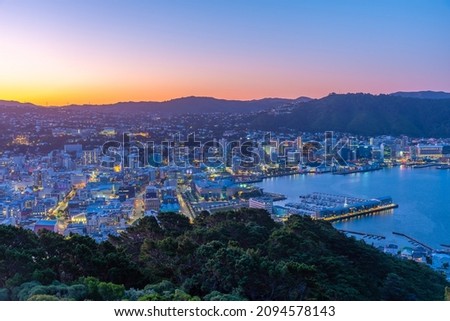 Sunset aerial view of Wellington, New Zealand Royalty-Free Stock Photo #2094578143