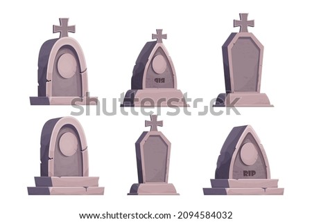 Set stone grave, memorial in cartoon style isolated on white background. Funeral, cemetery object. Afterlife monument. Royalty-Free Stock Photo #2094584032