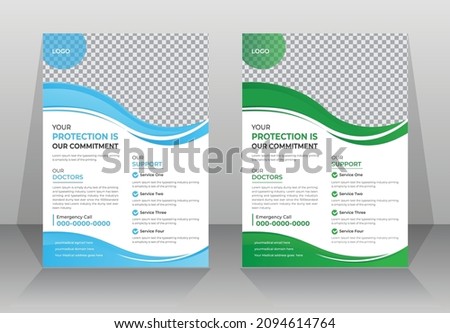 Modern Hospital Healthcare a4 size flyer template for advertising Medical service, clinic service, blue and green curve style creative poster.