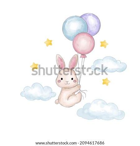 Cute watercolor style bunny flying with balloons