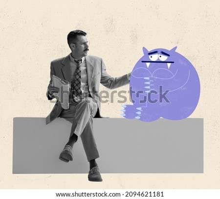 Contemporary art work. Stylish man sitting on bench next to cute drawn cartoon purple little man-blot on pastel background. Concept of personal problems, mentality, psychology and support