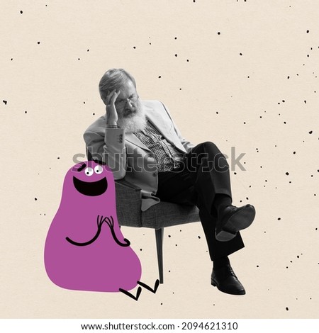Fictional friend. Offended sad elderly man sitting on armchair and cute drawn cartoon little man-blot on pastel background with dust effect. Concept of personal problems, mentality, psychology