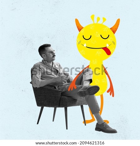 Fictional friend. Stylish sad man sitting in armchair and cute drawn yellow cartoon little man-blot on pastel background. Concept of personal problems, mentality, psychology and support