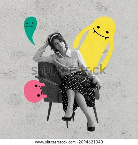 Sad offended young girl wearing retro styled attire and cute drawn cartoon little man-blot on gray background. Concept of personal problems, mentality, psychology, care. Artwork. Copy space for ad.