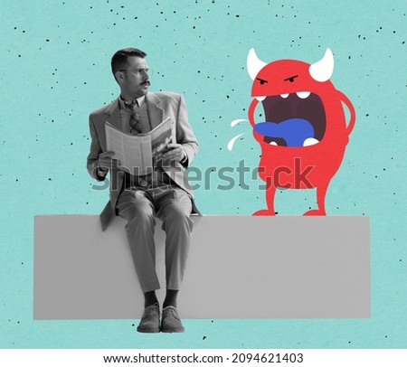 Suppression of negative emotions. Contemporary art. Stylish man sitting on bench next to angry drawn cartoon little man-blot on pastel background. Concept of personal problems, mentality, psychology