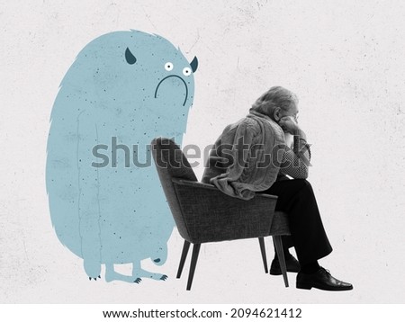 Internal fears, resentments. Offended sad elderly man sitting on armchair and cute drawn cartoon little man-blot on pastel background with dust effect. Concept of personal problems, mentality