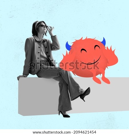 Fantasy. Dreaming young girl and cute drawn cartoon little man-blot on light blue background. Concept of personal problems, mentality, psychology, care. Artwork. Copy space for ad.