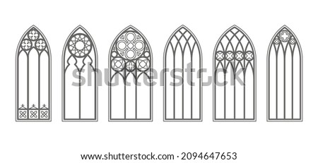 Gothic windows outline set. Silhouette of vintage stained glass church frames. Element of traditional european architecture. Vector Royalty-Free Stock Photo #2094647653