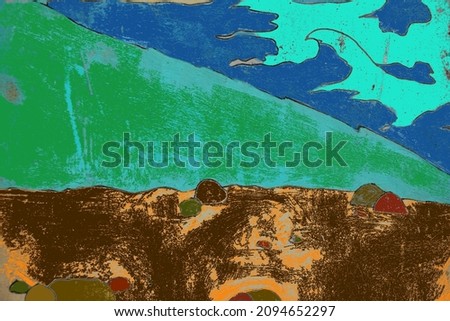 Color painted abstract landscape art design picture with blue, green and brown colours