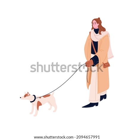 Woman walking and leading dog on leash. Winter stroll with puppy. Person going with doggy. Pet owner and canine animal outdoors on wintertime. Flat vector illustration isolated on white background
