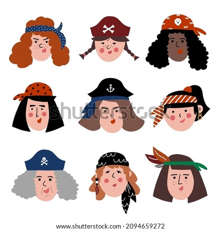 Pirate girl women faces collection, cute portraits in hat, bandana with earrings. Adults, teenagers, girls funny illustrations for avatars, pirate party, selfie photo, social media. Royalty-Free Stock Photo #2094659272