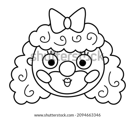 Vector black and white clown girl face. Circus artist avatar outline clipart. Amusement holiday line icon. Cute funny festival character clip art. Street show comedian illustration or coloring page
