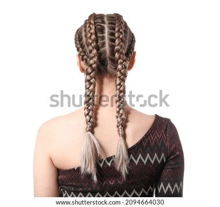 Beautiful young woman with braided hair on white background Royalty-Free Stock Photo #2094664030