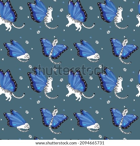butterfly cats with blue wings, fantasy pattern, seamless