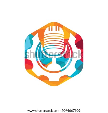 Gear podcast vector logo design template. Cog wheel and mic icon design.	