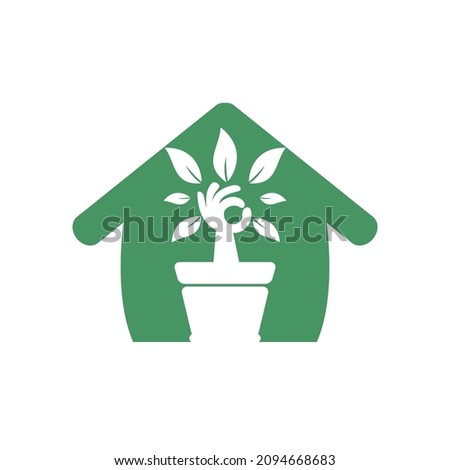 Ecological garden home vector logo design. Hand tree with flower pot icon design.	