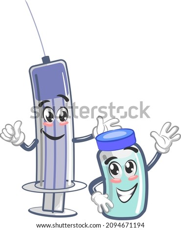 Cheerful vector mascot illustration of a medical injecting and vaccine bottle ready to protect against a pandemic