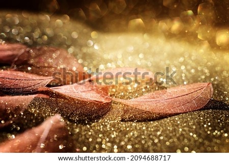 Abstract image of transparent leaves over glitter golden background