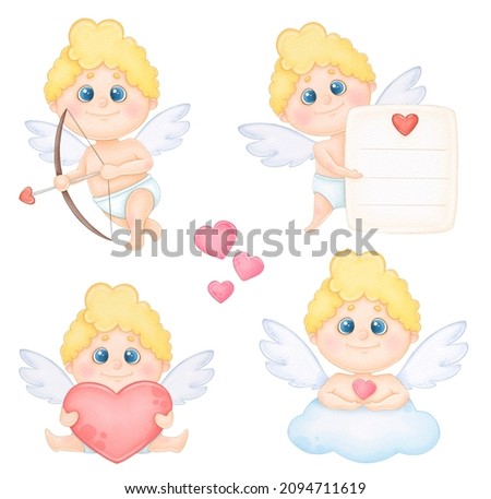 Cupid set, watercolor clip art isolated on white