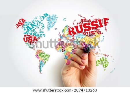 World Map in Typography word cloud with marker, names of countries